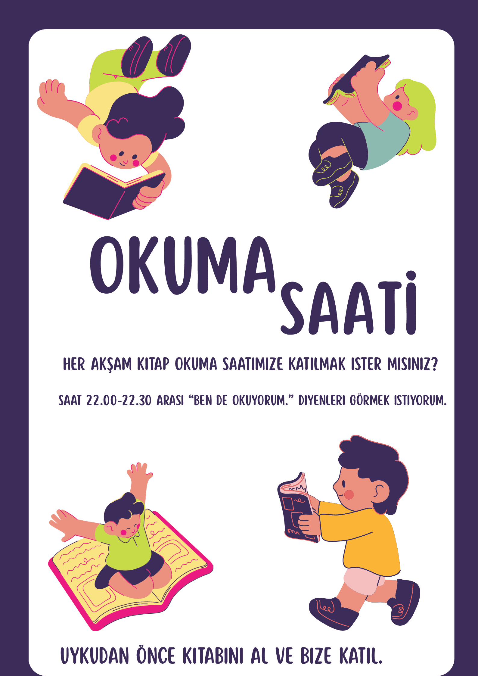 Soft Açık Mavi ve Beyaz Sade Eğlenceli Okuma Saati Afişi